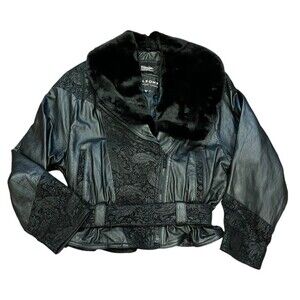 Vintage Wilsons Leather Jacket Black Floral Paisley Tie Waist cropped size small